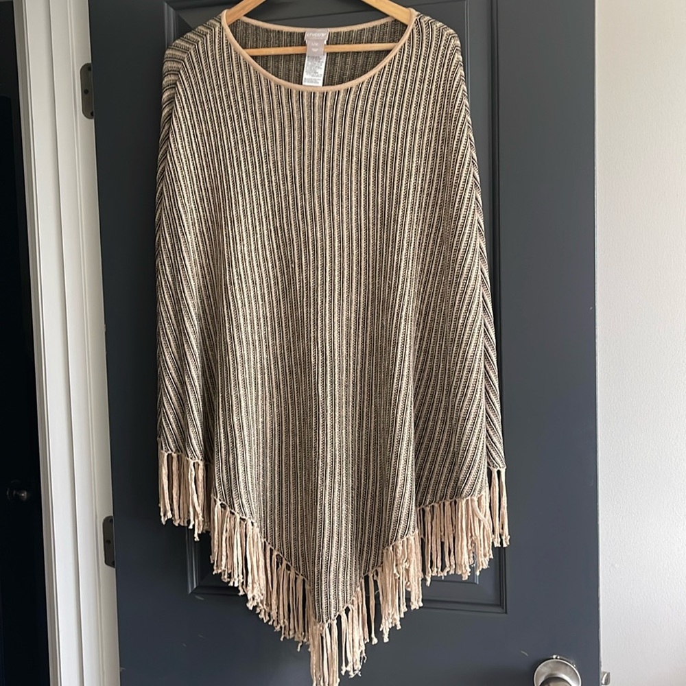 Chicos Fringe Poncho Sweater Womens Large XL Tan Black Gold Shimmer
